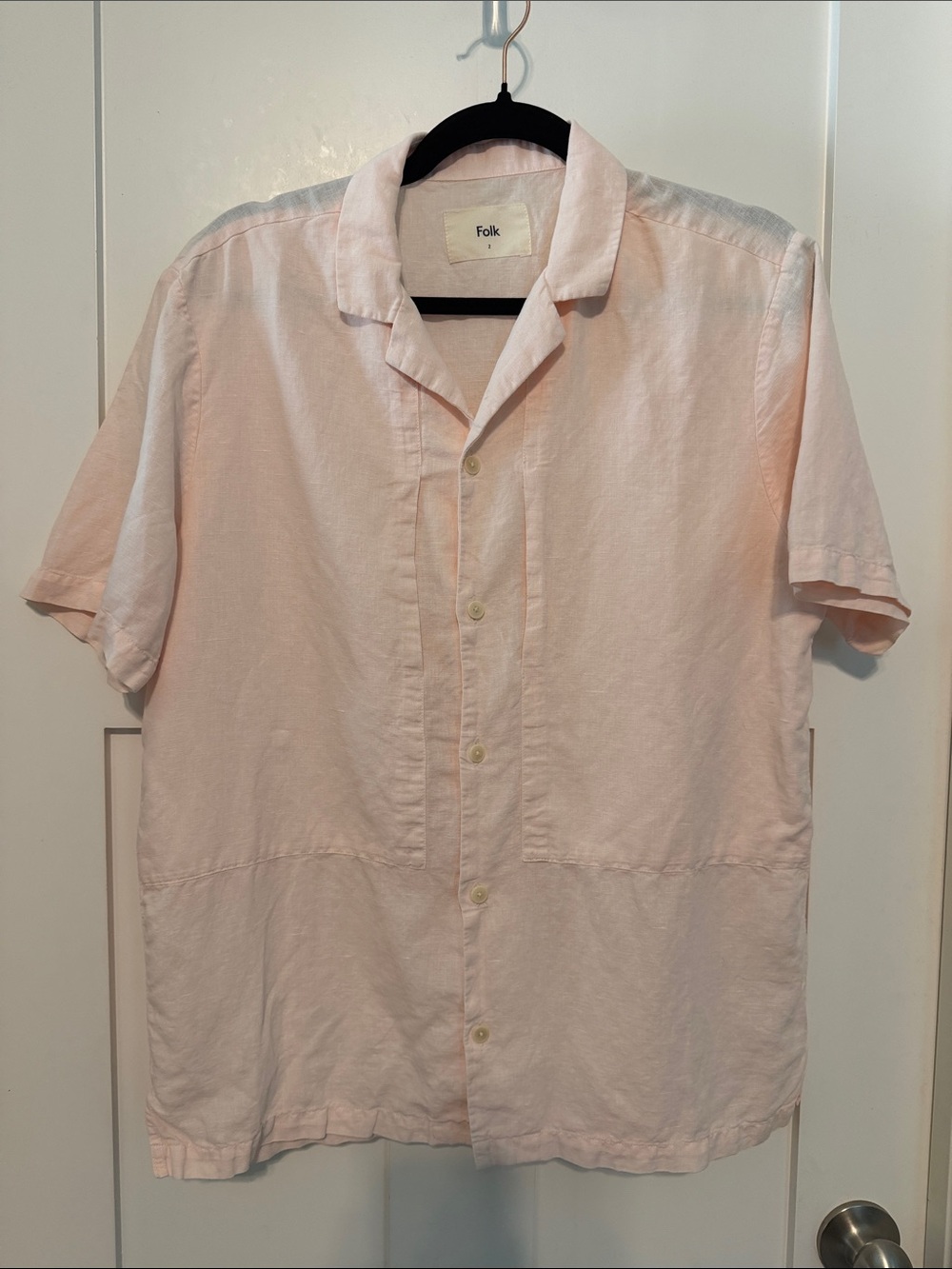 Folk Linen and Cotton Blend Pale Pink Short-Sleeve Button-Down Camp Collar Shirt